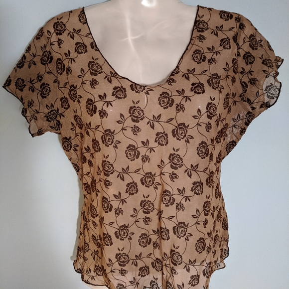 Moda International Tops - Women's sheermesh brownrose cap sleeves top blouse